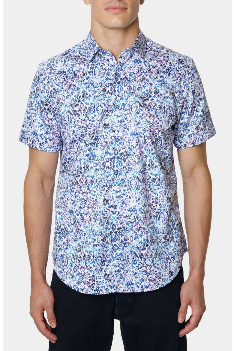 Abstract Print Cotton Short Sleeve Button-Up Shirt, Main, color, BLUE MULTICOLOR