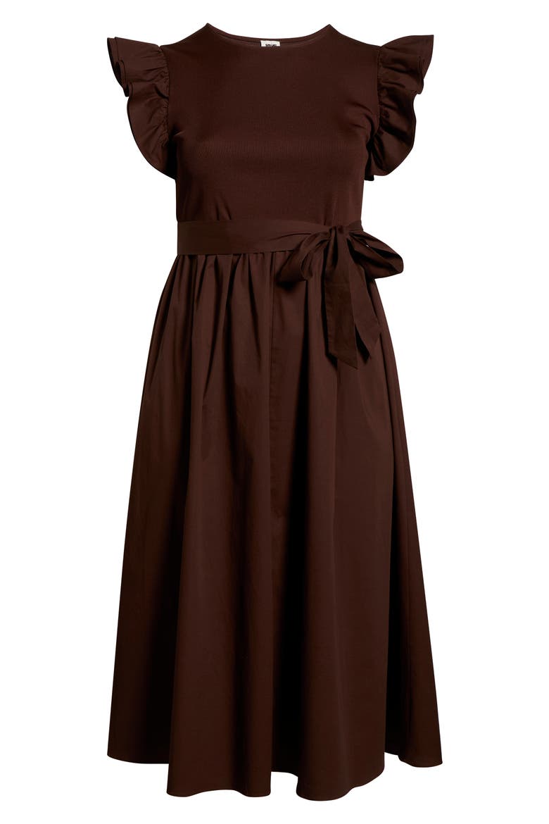 Mixed Media Ruffle Midi Dress, Alternate, color, DARK CHOCOLATE