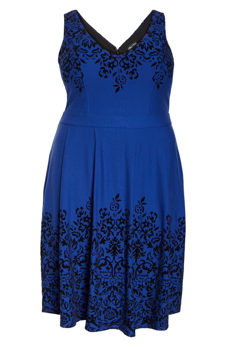 City Chic Border Flocked Fit & Flare Dress, Alternate, color, 