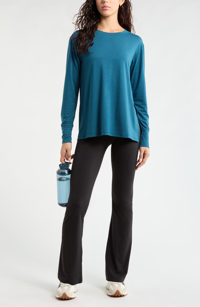 Zella Long Sleeve Split Hem T-Shirt, Alternate, color, Teal Seagate