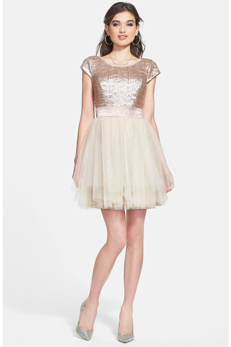 Sequin & Tulle Party Dress, Main, color, CHAMPAGNE