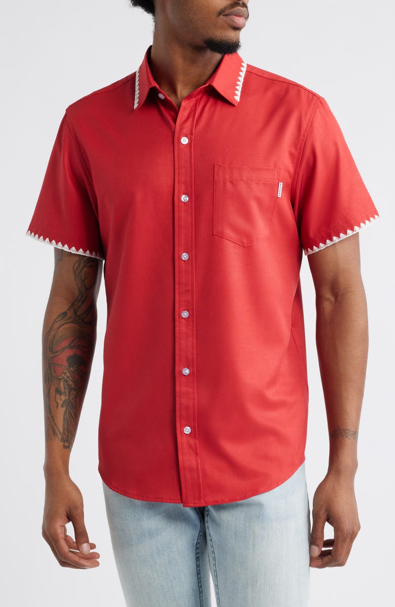 MAVRANS Weekend Crochet Trim Short Sleeve Performance Button-Up Shirt, Main, color, Red
