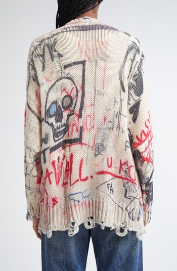 R13 Distressed Oversize Skull Graffiti Print Cardigan R13 Distressed Oversize Skull Graffiti Print Cardigan