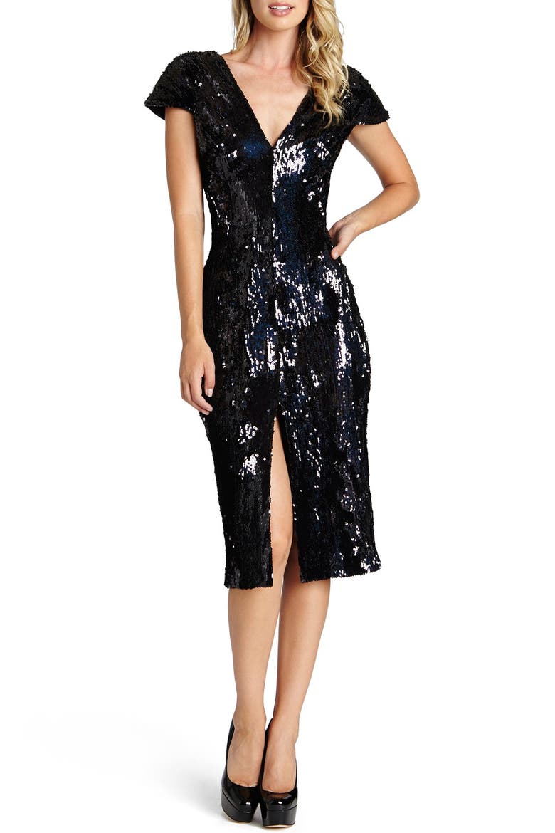 Elizabeth Sequin Midi Dress, Main, color, BLACK