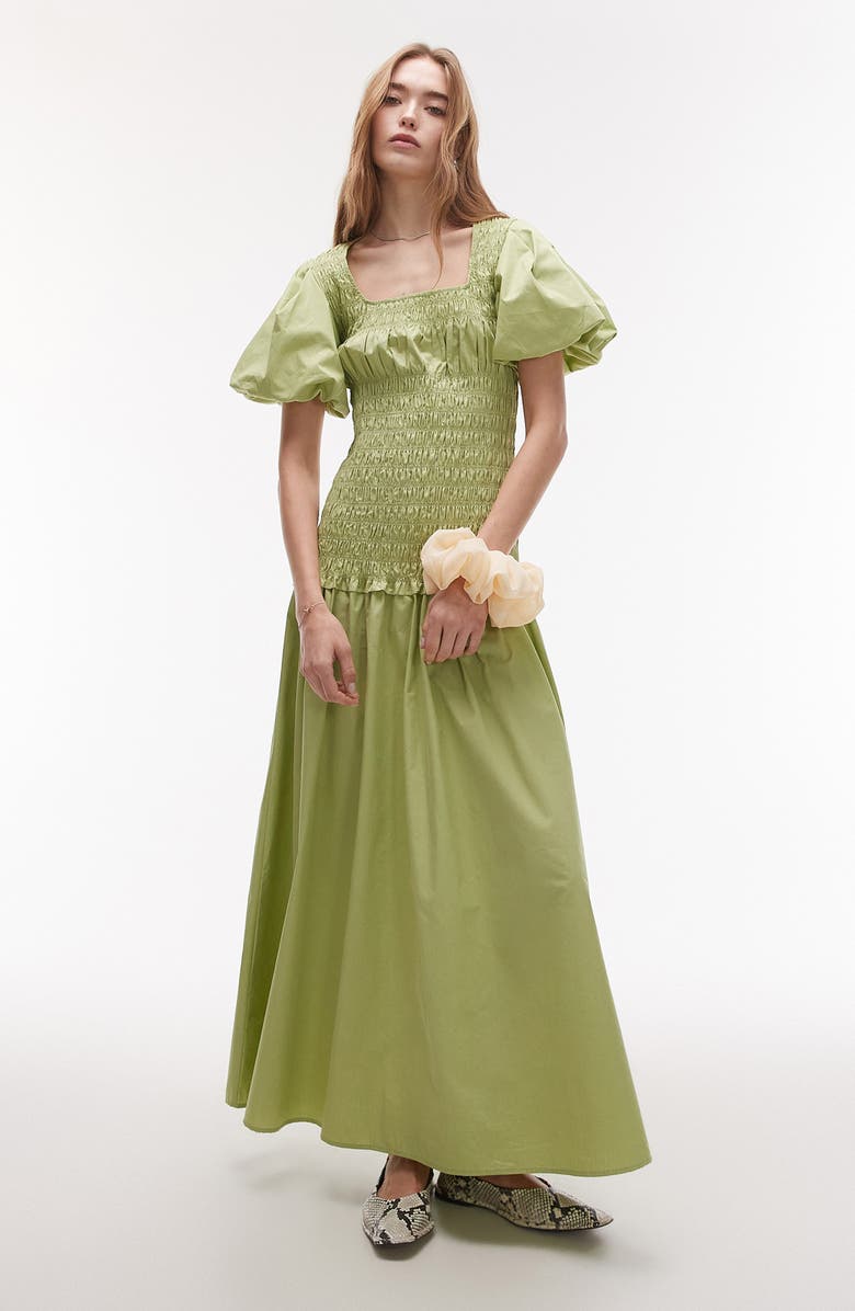 Topshop Puff Sleeve Smocked Drop-Waist Cotton Maxi Dress, Main, color, Light Green