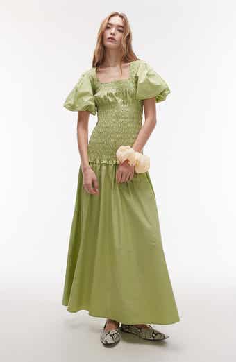 Topshop Puff Sleeve Smocked Drop-Waist Cotton Maxi Dress
