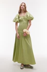 Topshop Puff Sleeve Smocked Drop-Waist Cotton Maxi Dress