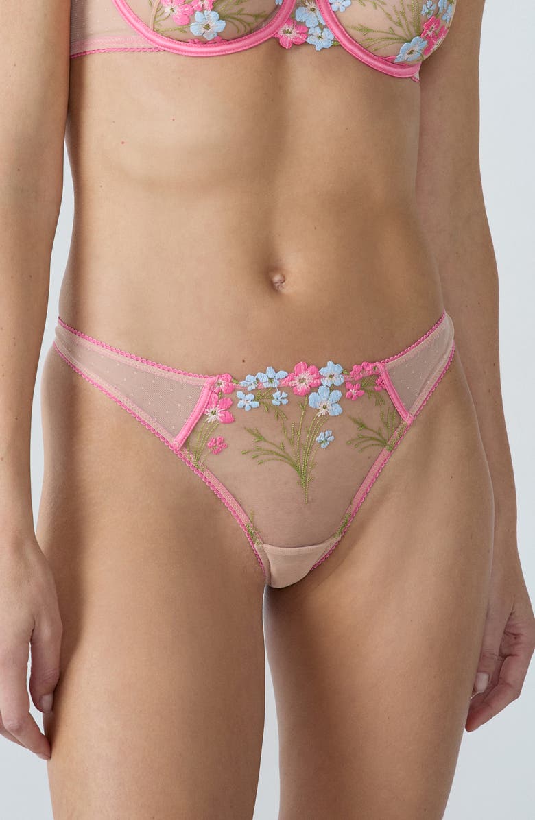 Etam Douceur Embroidered Tulle Thong, Main, color, Azure Blue