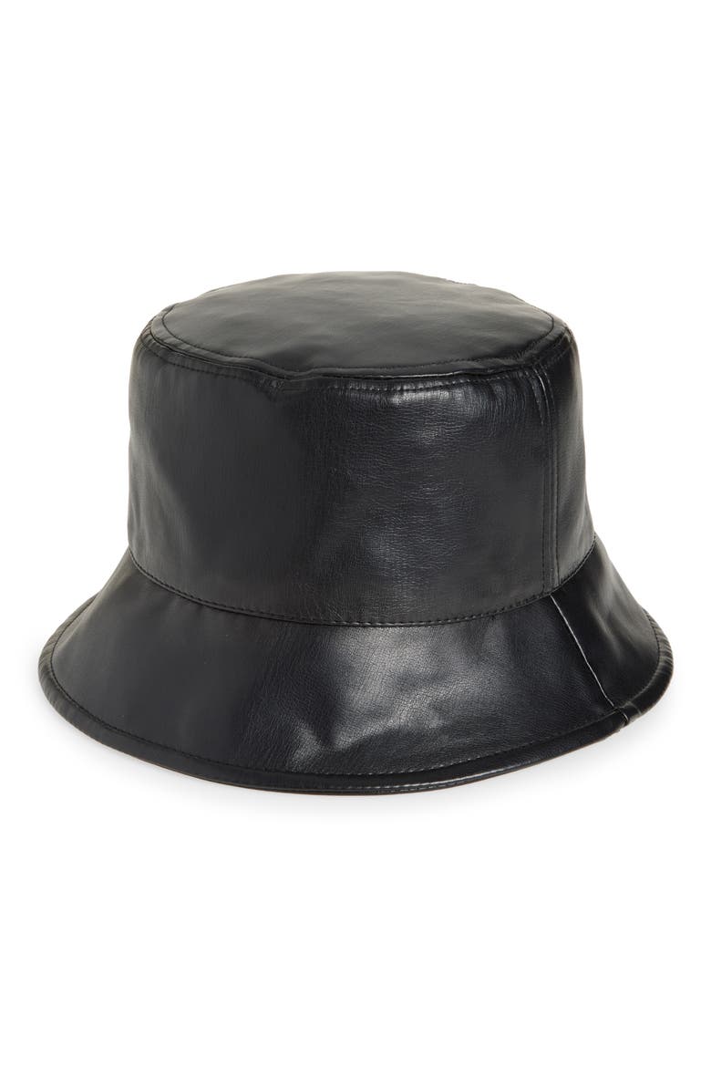 Faux Leather Bucket Hat, Main, color, BLACK