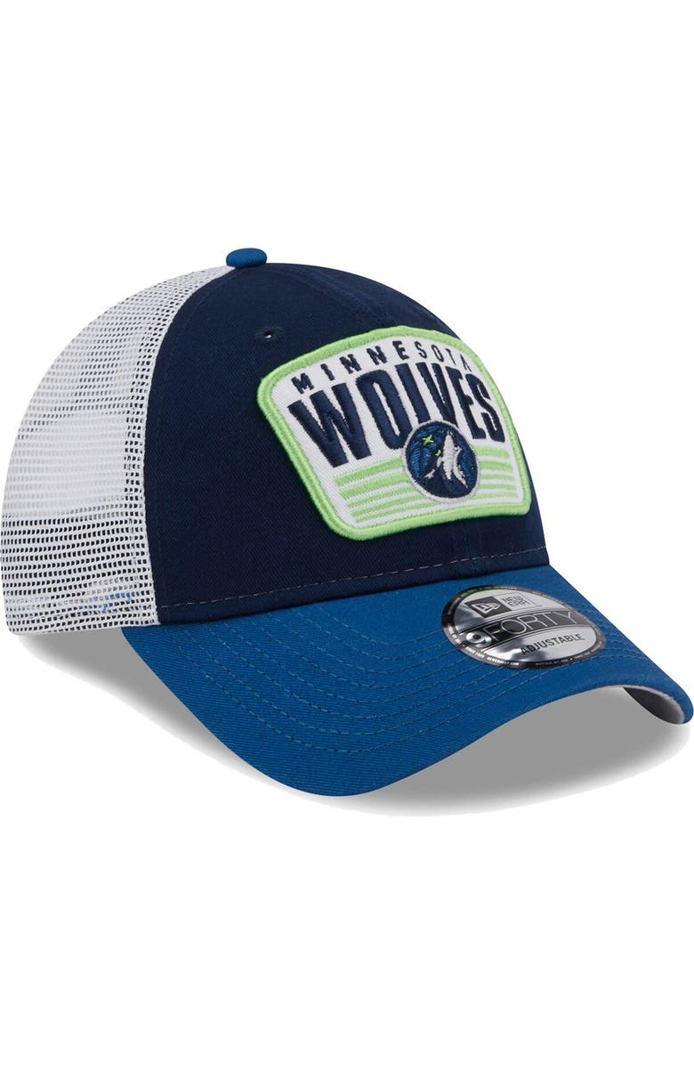 New Era Men's New Era Navy/Blue Minnesota Timberwolves Two-Tone Patch 9FORTY Trucker Snapback Hat, Alternate, color, 