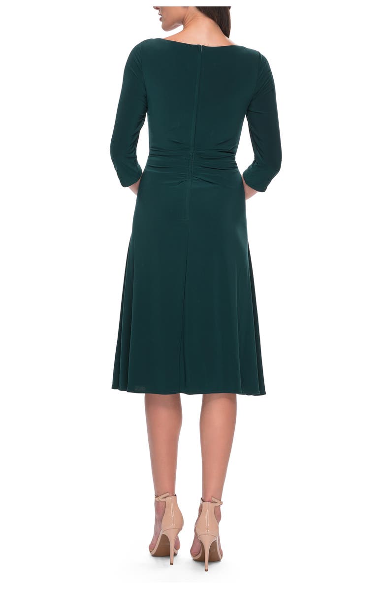 La Femme Chic Tea Length Jersey Dress with Ruching, Alternate, color, Hunter Green
