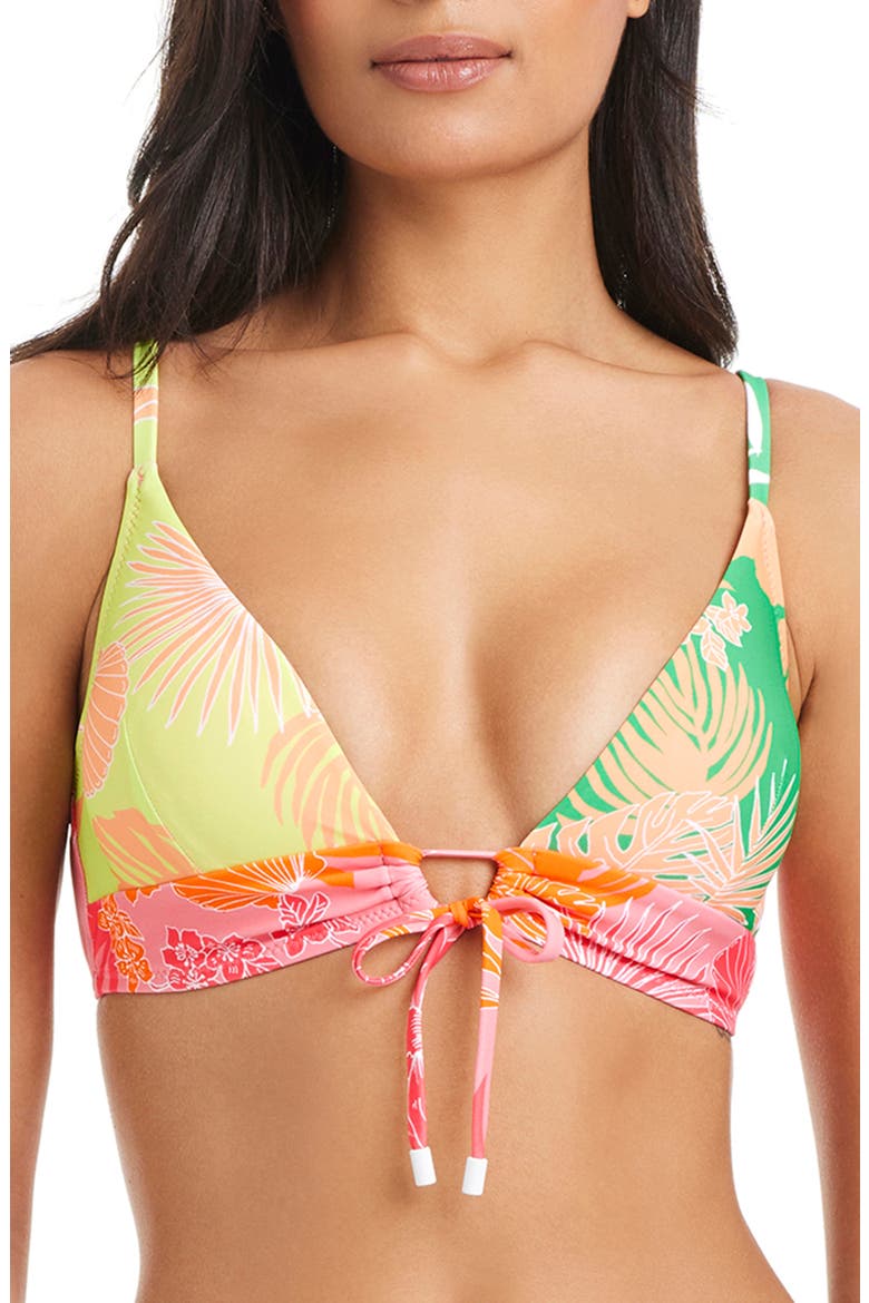 Tie Front Bikini Top, Main, color, GREEN/ PINK MULTI