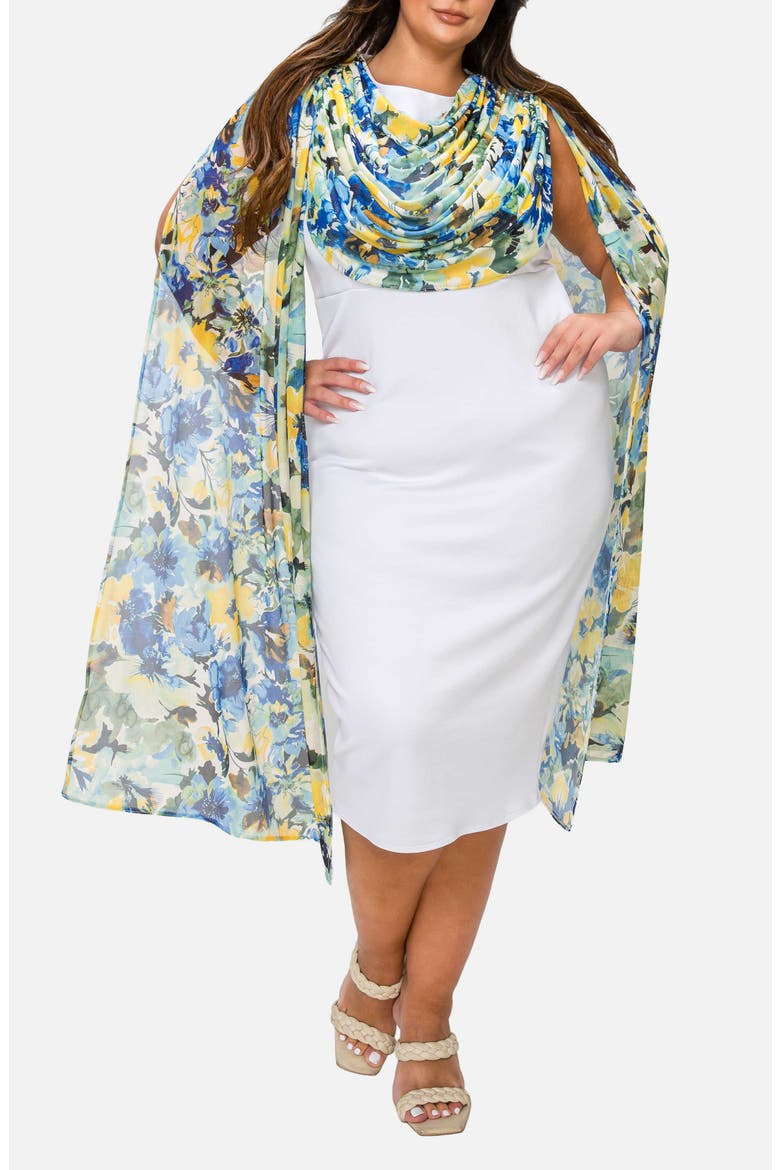 Evolette Floral Cape Sheath Dress, Main, color, WHITE
