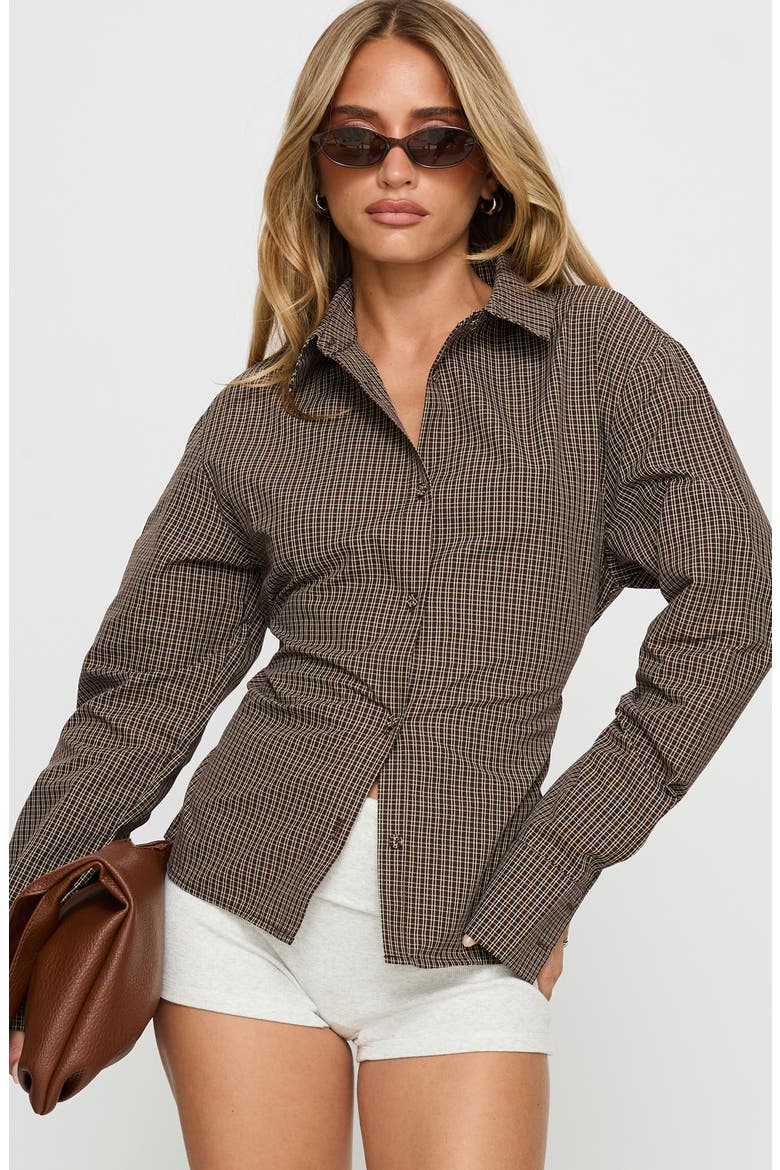 Xinia Check Button-Up Back Tie Blouse, Alternate, color, BROWN CHECK