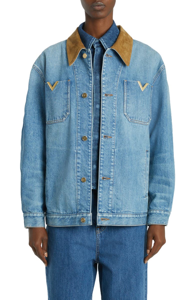 Valentino Garavani Corduroy Trim Denim Jacket, Main, color, 