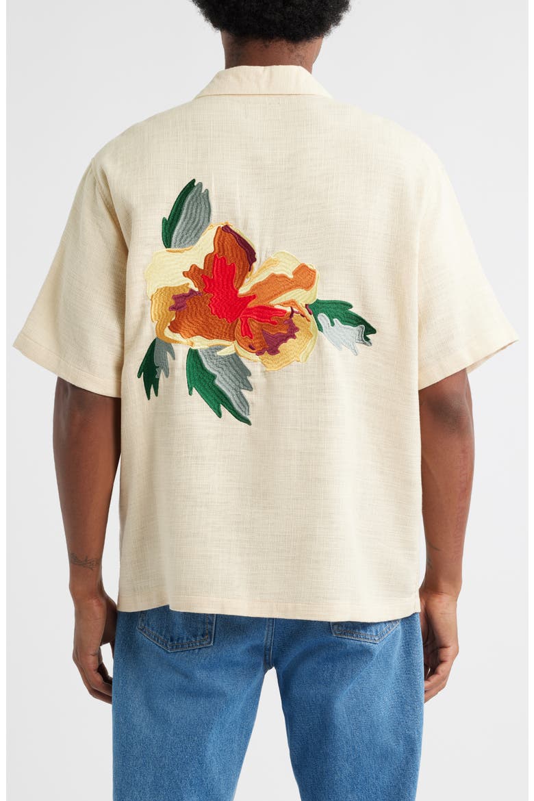 Oversize Floral Embroidered Camp Shirt, Alternate, color, TAN