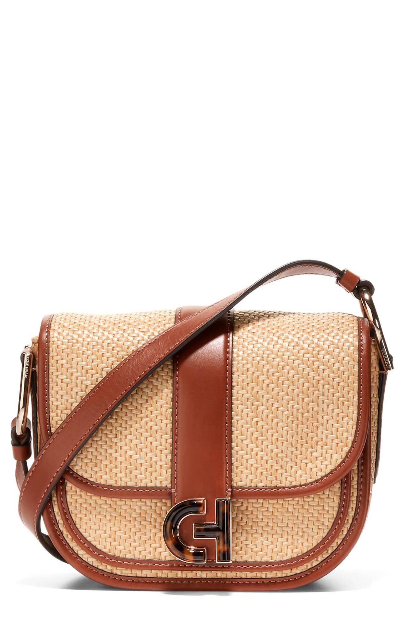 Cole Haan Mini Essentials Straw & Leather Saddle Bag, Main, color, 