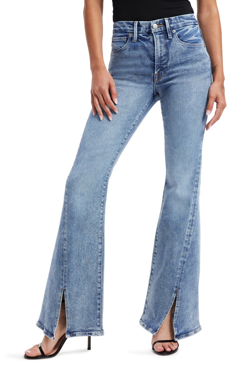 Good American Good Legs Twisted Slit High Waist Flare Jeans, Main, color, 