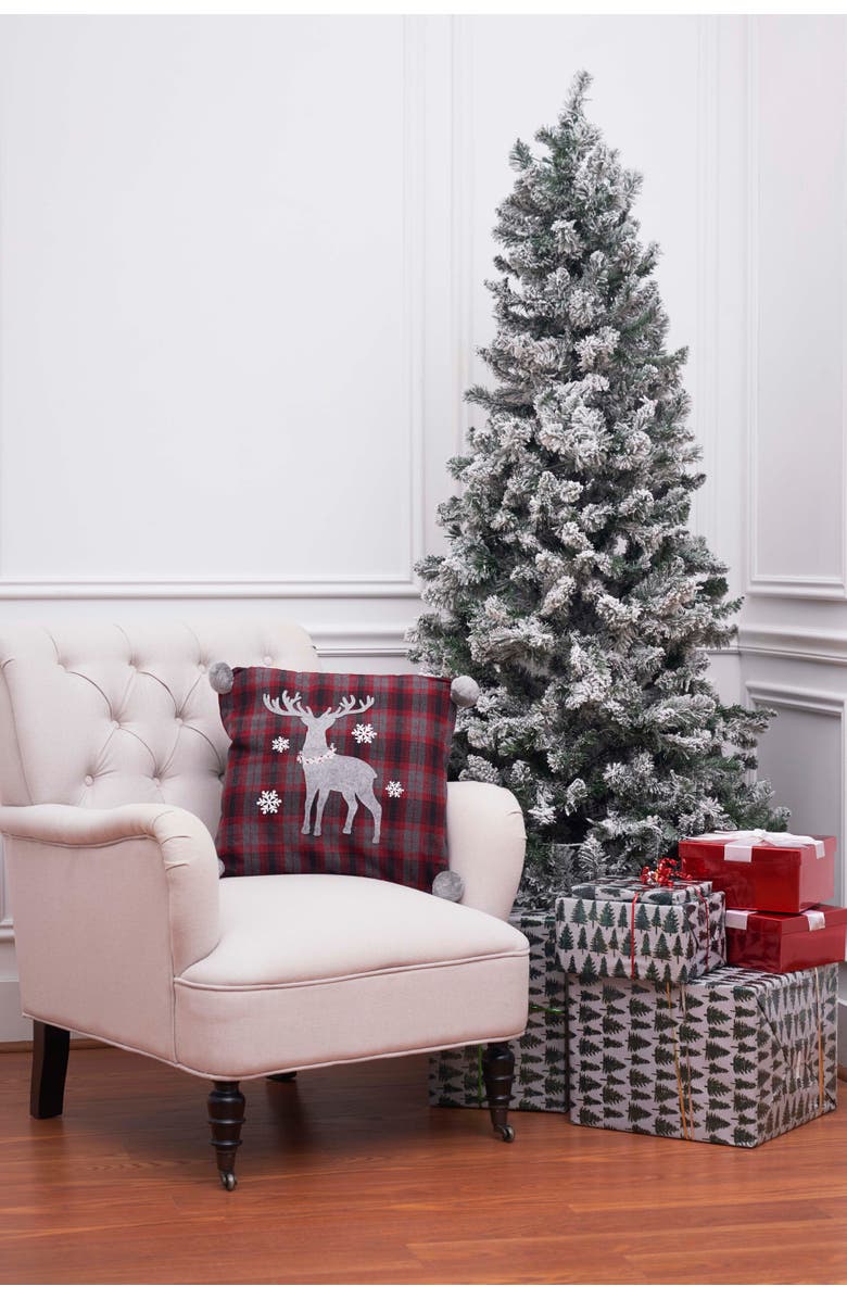 C&F Home Frosty Deer Plaid Christmas Embellished Accent Throw Pillow w/ PomPom Tassels 18" x 18", Alternate, color, Red