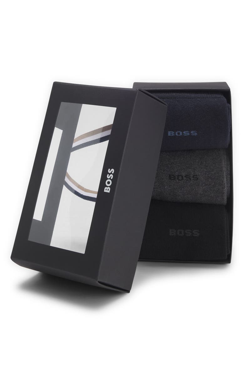 BOSS Assorted 3-Pack Solid Brushed Cotton Blend Dress Socks Gift Box, Alternate, color, Multi