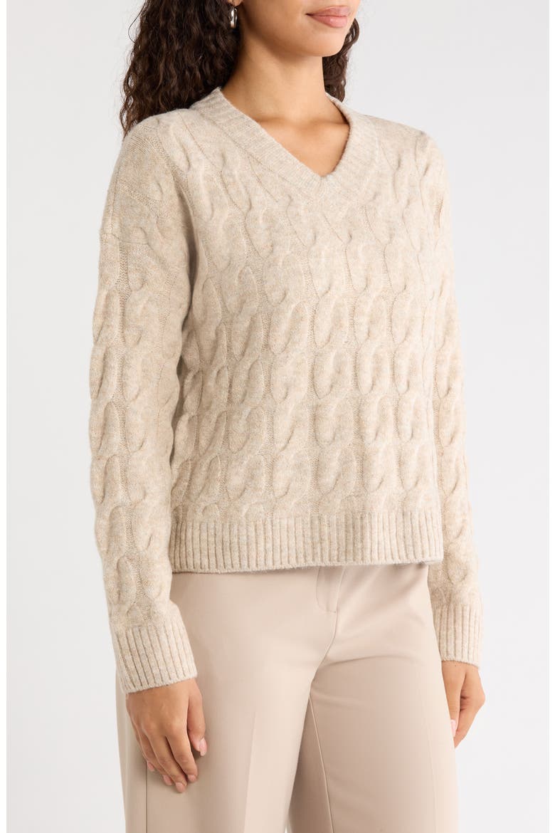 Cable Knit V-Neck Sweater, Alternate, color, OATMEAL