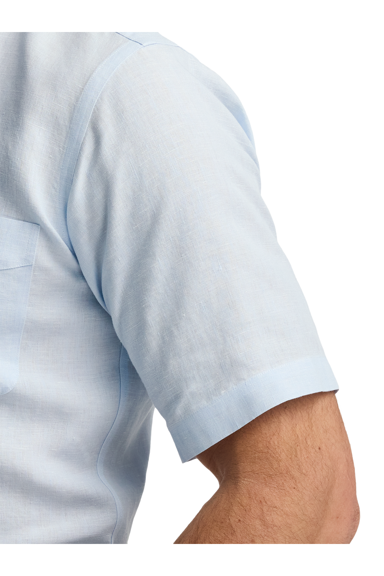 Linen Buttondown Collar Poplin Tailored Contrast Trim Hemmed Short Sleeve Shirt, Alternate, color, Light Blue