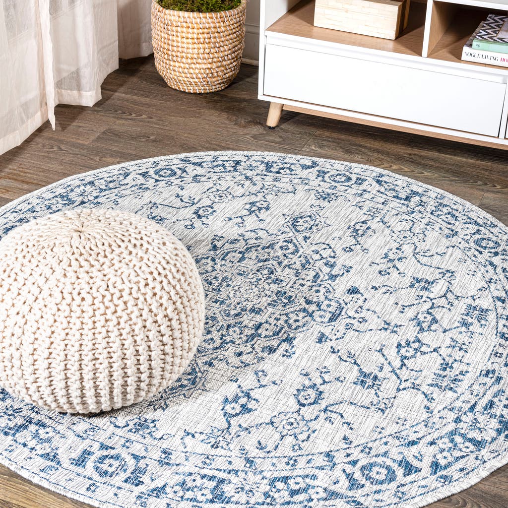 Jonathan Y Rozetta Boho Medallion Textured Weave Indoor/outdoor Round Area Rug In Gray/navy