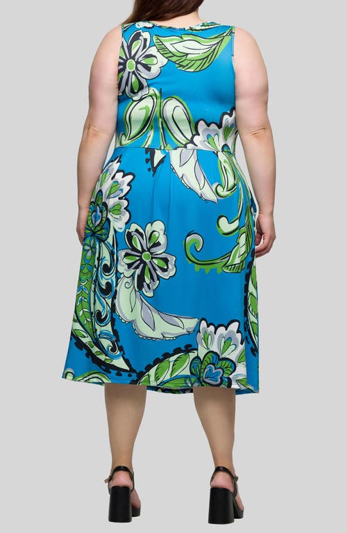 24seven Comfort Apparel Plus Size Midi Length Print Sleeveless Pleated Pocket Dress In Blue Multi