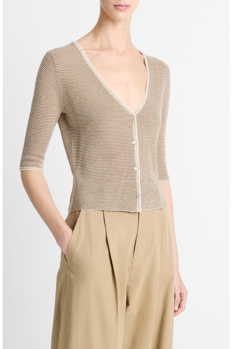 Microstripe V-Neck Cashmere & Silk Cardigan, Alternate, color, OFF WHITE/TAPENADE