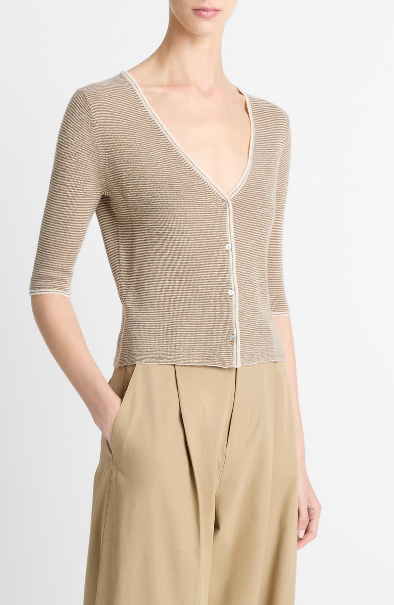 Vince Microstripe V-Neck Cashmere & Silk Cardigan, Alternate, color, Off White/Tapenade