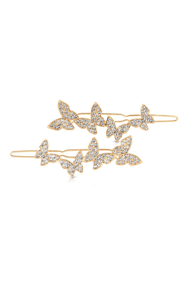 Whimsical Set of 2 Crystal Butterfly Barrettes, Main, color, GOLD