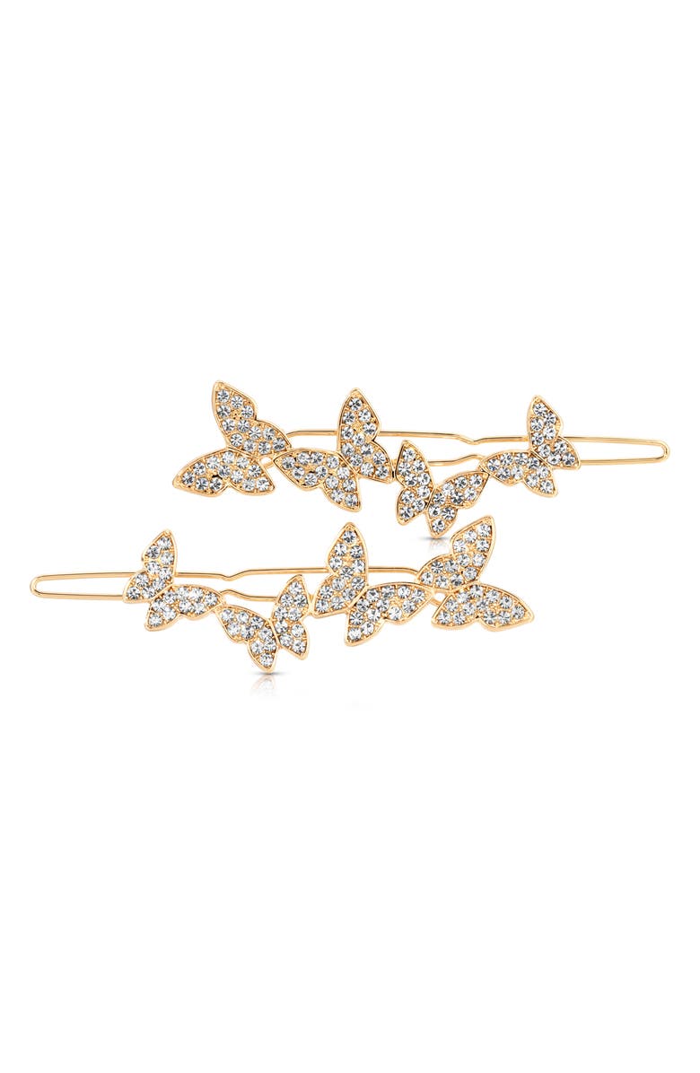 Ettika Whimsical Set of 2 Crystal Butterfly Barrettes, Main, color,