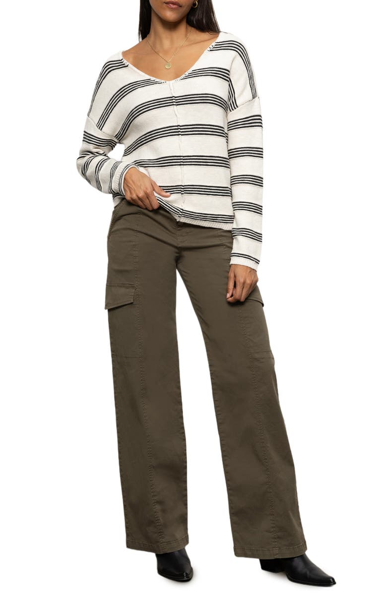 Sanctuary Stripe Cotton V-Neck Sweater, Alternate, color, Light Oat