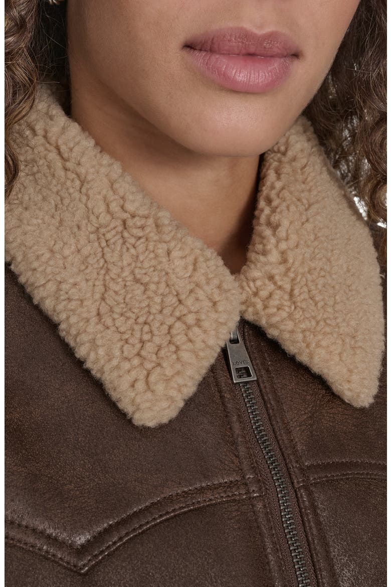 Faux Shearling Trim Faux Leather Western Bomber Jacket, Alternate, color, COFFEE