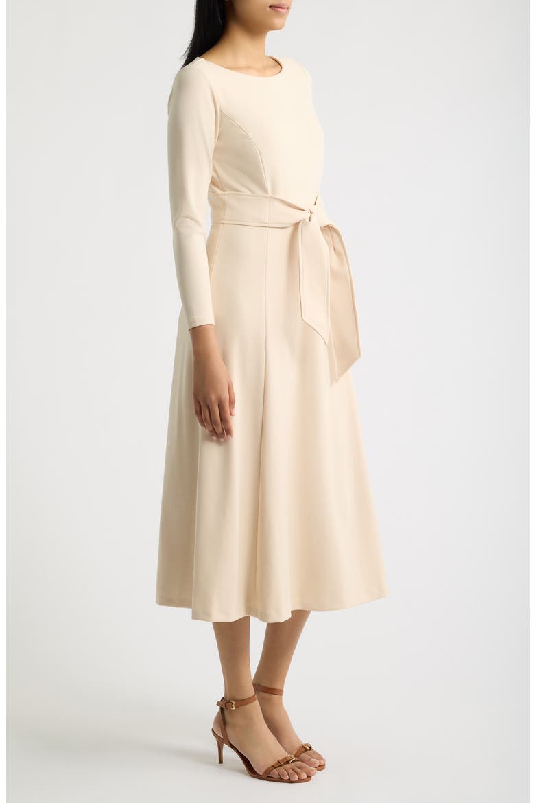 Tie Waist Scuba Crepe Midi Dress, Alternate, color, MACADAMIA
