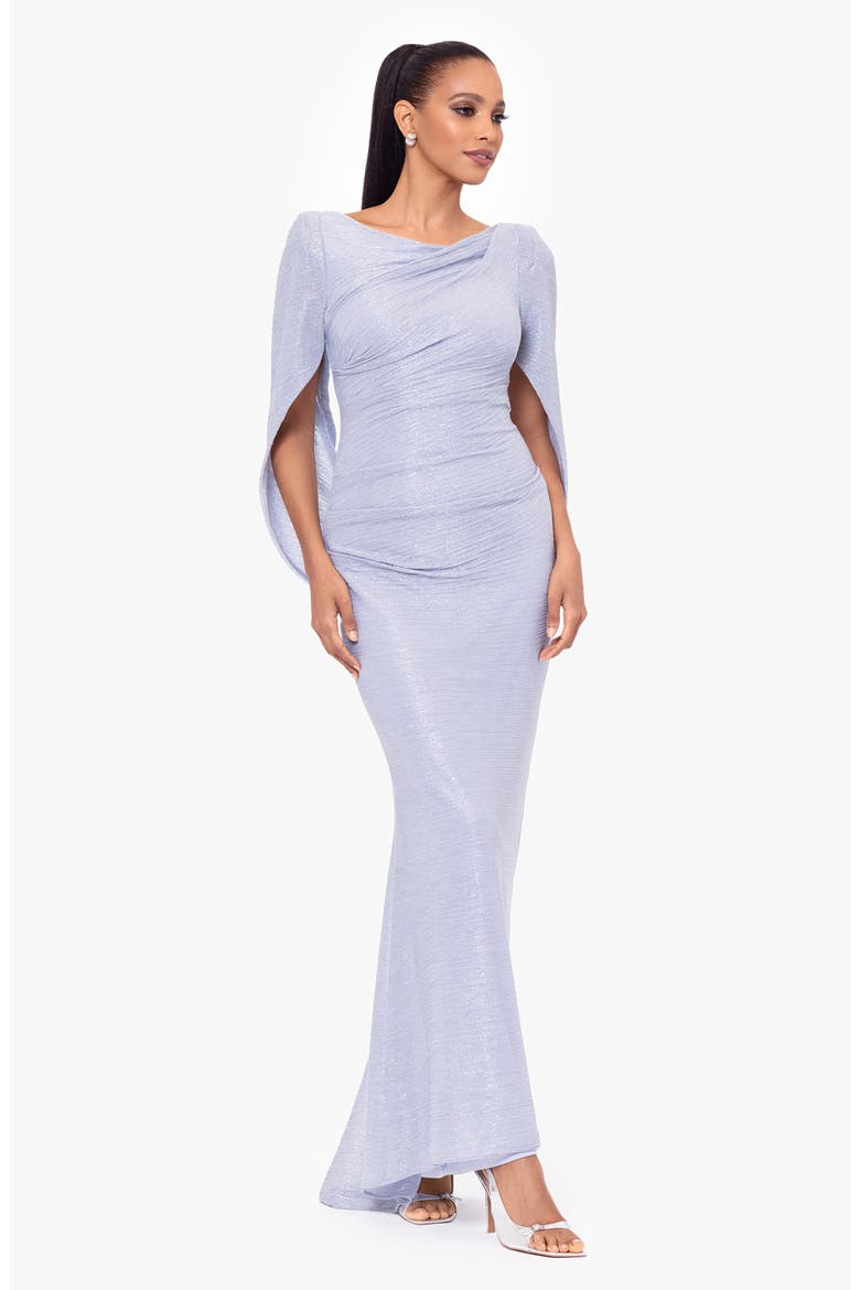 Metallic Crinkle Cape Sleeve Trumpet Gown, Alternate, color, BLUE/ SILVER