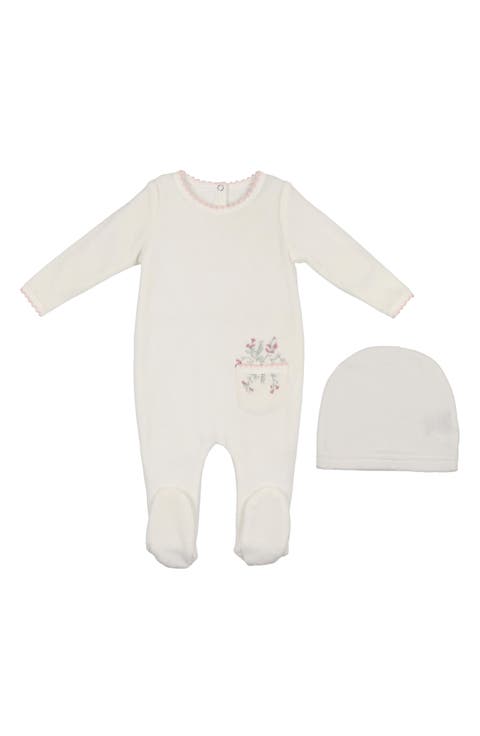 Velour Pocket Cotton Blend Footie & Beanie Set (Baby)