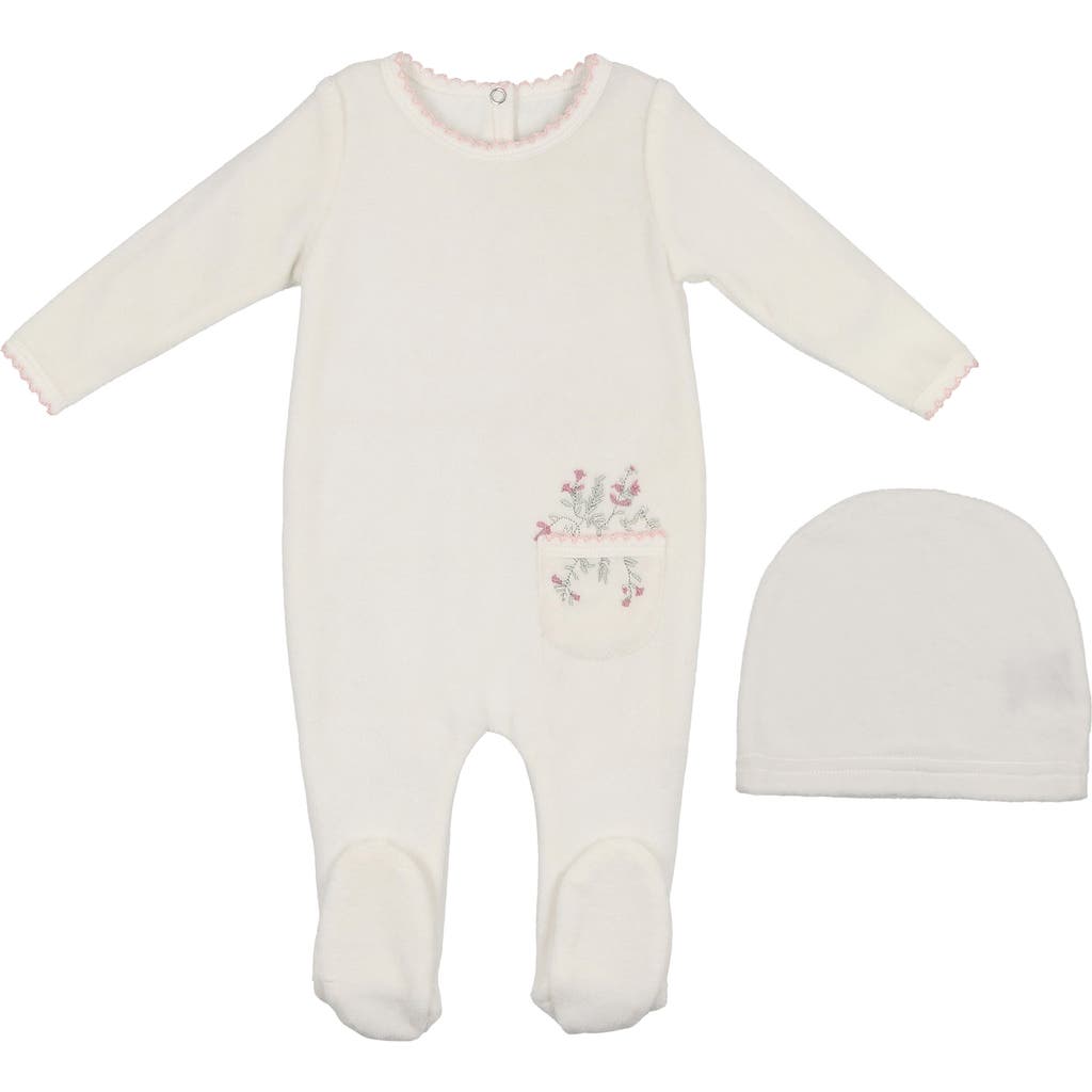 Maniere Manière Velour Pocket Cotton Blend Footie & Beanie Set In White