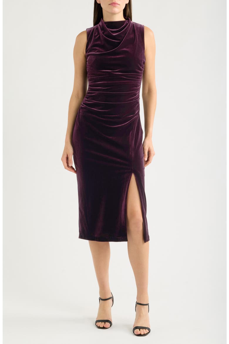 High Cowl Neck Ruched Velvet Sheath Midi Dress, Main, color, MAR