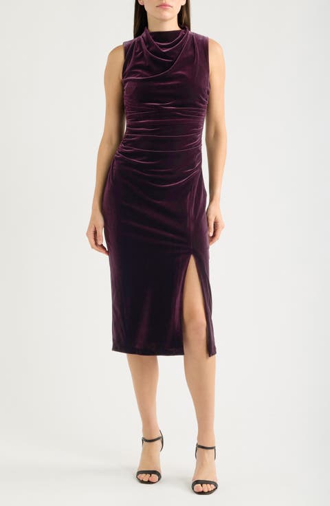 High Cowl Neck Ruched Velvet Sheath Midi Dress