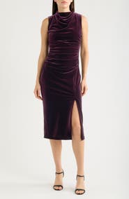 Vince Camuto High Cowl Neck Ruched Velvet Sheath Midi Dress