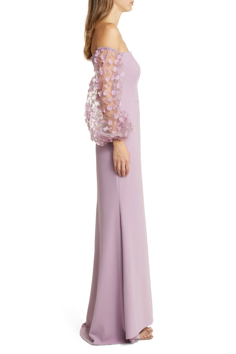 Off the Shoulder 3D Floral Sleeve Scuba Crepe Evening Dress, Alternate, color, MAUVE