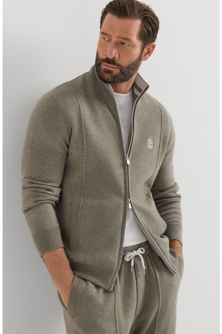 Cashmere double knit cardigan with zipper and logo, Alternate, color, Military
