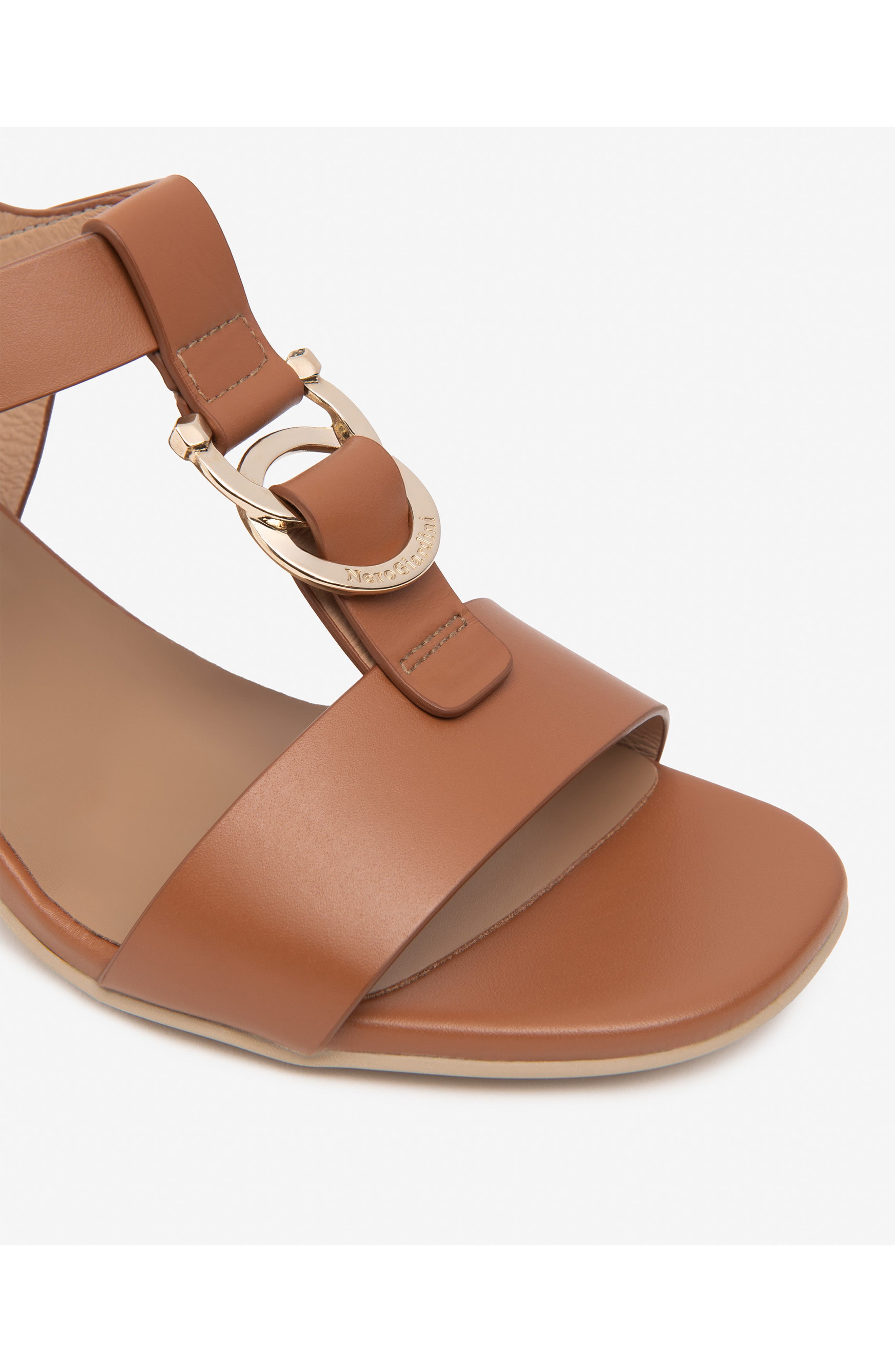 NeroGiardini T-Strap Block Heel Sandal, Alternate, color, Cognac