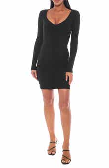 bebe V-Neck Long Sleeve Rib Bodycon Dress
