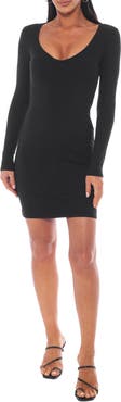 bebe V-Neck Long Sleeve Rib Bodycon Dress