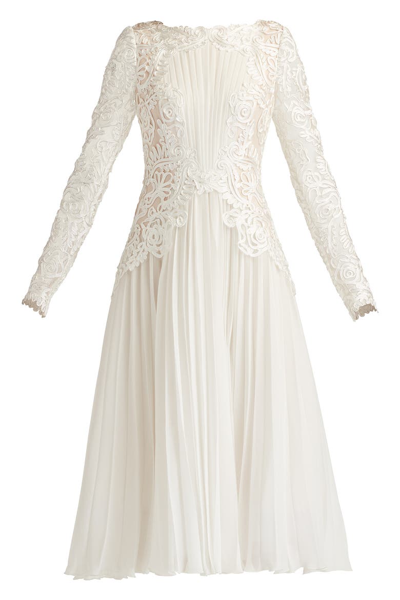 Long-Sleeve Ribbon Chiffon Midi Dress, Alternate, color, IVORY/ PETAL