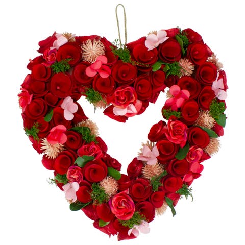 10" Red Wooden Rose Floral Heart Shaped Artificial Valentine's Day Wreath