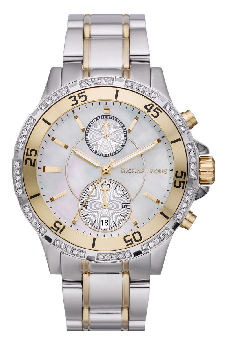 Michael Kors 'Garret' Chronograph & Crystal Watch, Main, color, GOLD/ SILVER