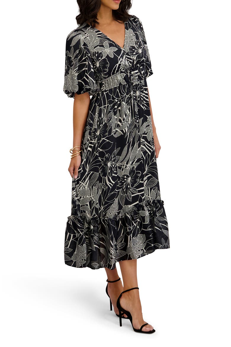 Puff Sleeve Midi Dress, Alternate, color, SLATE MULT